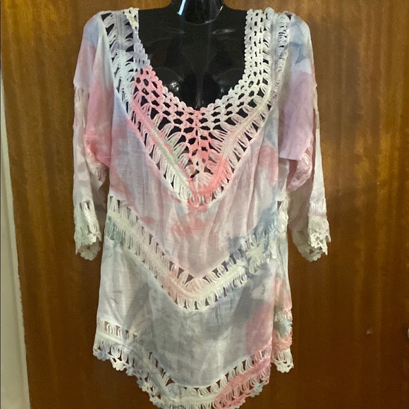 K Jordan / Boho Crochet Trim Tunic - pastel swirl- M - Picture 1 of 5